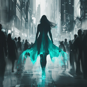 Generate an image of a monochrome urban street brimming with peo...