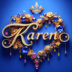 Craft a 3-D image showcasing the name 'KAREN' in a luxurious gol...