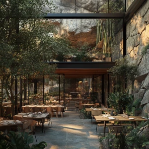 Double height indoor outdoor restaurant with big stone walls and...