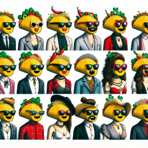 Design an image of figures who have taco-shaped heads with facia...