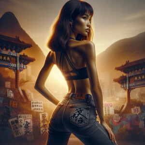 Athletic Thin skinny Attractive, Asian teenage girl, long brown hair and bangs, wearing tight skinny jeans and a halter top paint marks on her clothing, heroic pose Asian graffiti background, backside view