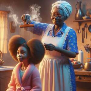 Create a realistic 3-D image of an african-American grandmother wearing a blue house dress and a white apron . She is in the kitchen with her african-American granddaughter. Her granddaughter is wearing a pink bath robe. The grandmother has a hot comb in her hand and she is straightening her granddaughters hair. One side of her granddaughters hair is in  a Afro the other straight 
There is smoke coming from the hot comb
The granddaughter is making a face