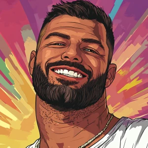 White muscular thin man with beard, big chin, smile and cheekbon...