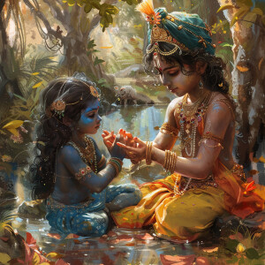 Illustrate a photo like image of young God Krishna and Radha pla...