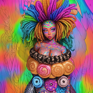 African American woman tan skin tone with wavy rainbow Afro coils, flower tattoos, full lips, rainbow nails, pink lips, round eye rainbow shades, ink wash art, colorful graffiti background contrast colors   intricate details alcohol ink