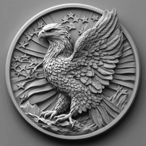 a grayscale bas relief of a mighty eagle facing forward towards...