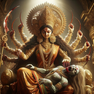 portrait of angry looking goddess durga sitting on a gold crown...