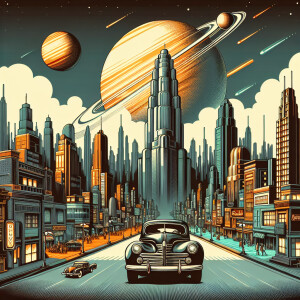 1940s vector art style book cover featuring a classic car captur...