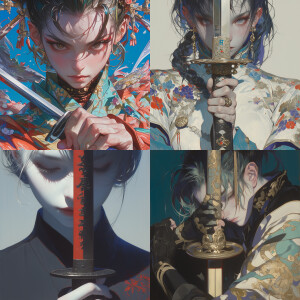 a painting of a woman with a sword, an oil painting by Hasegawa...