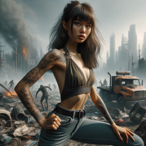 Thin Asian teen girl wearing tight jeans and a halter top Long brown hair and bangs, tattoos on her arms, athletic heroic pose