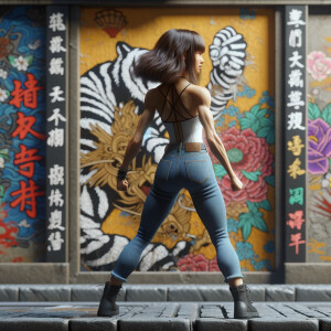 Athletic Thin skinny Attractive, Asian teenage girl, long brown hair and bangs, wearing tight skinny jeans and a halter top paint marks on her clothing, heroic pose Asian graffiti background, backside view