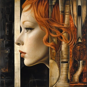 Create an HR Giger-inspired image featuring a contemplative woma...