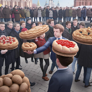 Create a realistic photo of French President Macron selling pies...