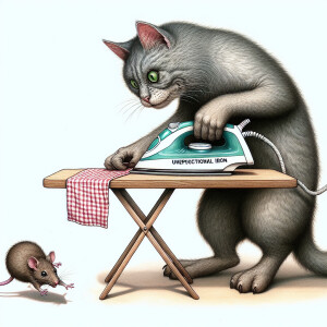 Cat holding an iron, trying to iron a mouse