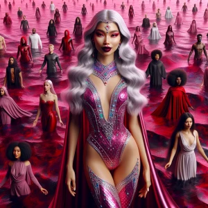 A beautiful  vampire woman with long metallic white  hair wearin...