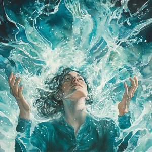 Illustrate in watercolor a woman emanating powerful supernatural...