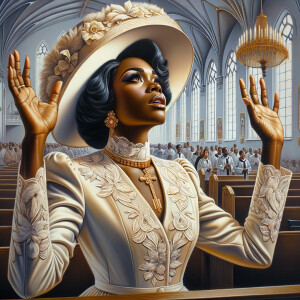 Render an airbrush oil painting of an African American woman with flawless makeup
kneeling at a church altar, her hands raised in a gesture of surrender to God. She's
dressed in stylish Sunday Best attire, with a particular focus on the delicate details of
her Church Hat. The background features a beautifully painted church interior, with the
oil paint texture enhancing the sacred atmosphere. The artwork should capture the
woman's devout expression, the elegance of her attire, and the spiritual ambiance of
the church setting, reflecting a moment of deep faith and devotion.