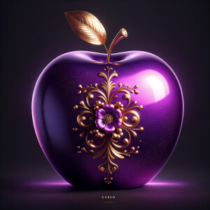 Envision a lustrous, oversized apple with a surface that gleams in a radiant shade of purple, as if lacquered to a high shine, reflecting light from its smooth, curvaceous form. The apple is adorned with elegant gold leaf patterns that swirl luxuriously around its contour, bringing a baroque opulence to its appearance. The stem, a bronzed sculpture in itself, supports a single leaf that seems to glow with an inner luminescence. At the apple’s base, a collection of flowers blooms, their petals softening the scene with organic shapes and colors that harmonize with the vibrant purple and gold. Incorporated into the metallic filigree in an artful script is the name "Karen," as if the apple were personally inscribed, enhancing the custom and bespoke quality of the piece.