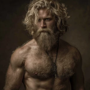 The image shows man with a muscular, hairy physique. hairy blond...