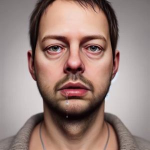 Create a hyper-realistic portrait of a man featuring a neutral e...