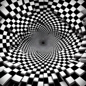 Generate an image of an abstract checkered pattern converging to...