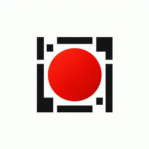 "Geometric logo: bold red dot enclosed by precise black [ ], set...