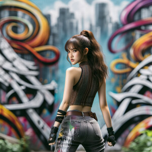 Attractive, Asian teenage girl, long brown hair and bangs, wearing tight skinny jeans and a halter top paint marks on her clothing, backside view heroic pose Asian graffiti