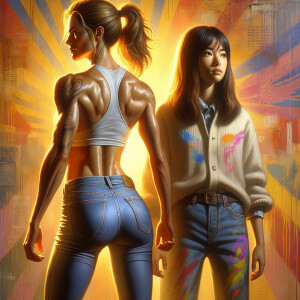 Athletic Thin skinny Attractive, Asian teenage girl, long brown hair and bangs, wearing tight skinny jeans and a halter top paint marks on her clothing, heroic pose Asian graffiti background, backside view