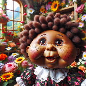 African-American cabbage patch doll with huge dimples, and freckles and flowers in the background