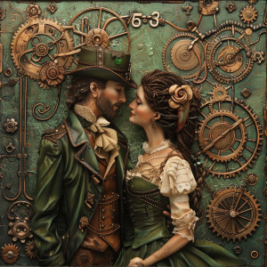 23,The couple in a steampunk world,Gears, steam, intricate machi...