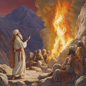 Illustrate the biblical scene where Moses encounters the burning...