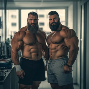 Two muscular bodybuilders standing side by side in an office set...
