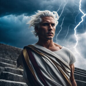 Greek God Zeus, white hair, chiseled face. Powerful stance. Blue...