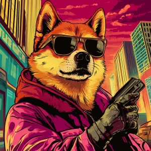 MEME DOGE, robs a bank, in the style of a Grand Theft Auto loadi...