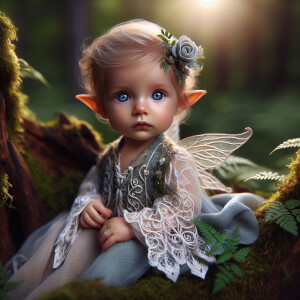 An elven baby with dark brown skin, blue eyes, and blonde hair.
