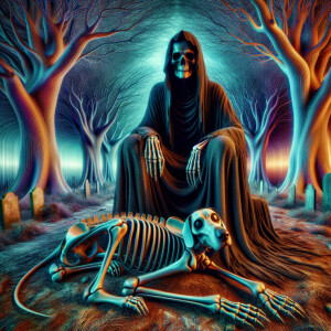 A photograph of grim reaper. he is sitting in graveyard with a s...
