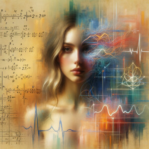 Abstract, minimalist, painting, with pencil line, paint stroke, gestures, colorful marks, mathematical equations, electrical cardiogram, printouts complex math formulas, dna asian teen girl