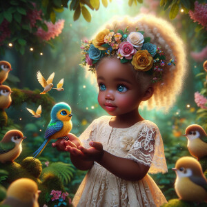 A magical scene featuring a light-skinned African-American toddl...