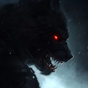 Black werewolf with red eyes wearing a hockey mask