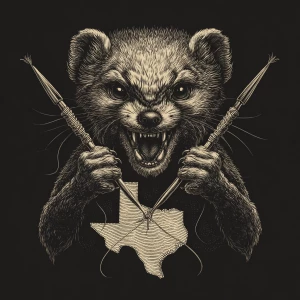 A anthropomorphic mongoose with a wild, crazy smile and intense...