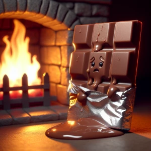 A distressed anthropomorphic milk chocolate bar with foil wrappe...