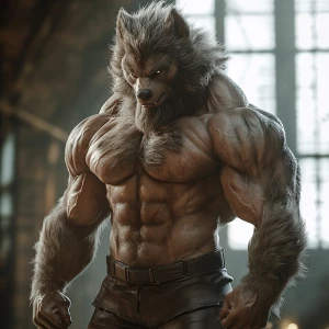 Create an image of a muscular lycanthrope with thick fur, in a n...