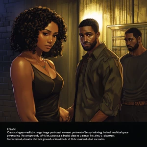 Certainly! Here's a detailed prompt for a lifelike image focusing on betrayal:

"Create a hyper-realistic image portraying a moment of betrayal involving three African American individuals. The setting is a dimly lit, intimate space like a cozy apartment. In the foreground, a beautiful black female stands close to one of the males, her partner, whose expression shows affection and trust as he holds her hand gently. Slightly behind them, the second male, who is the partner’s close friend, shares a furtive, knowing glance with the female. His body language is confident yet subtle, suggesting a hidden connection. The tension should be palpable in the image, with the lighting and shadows enhancing the emotional complexity of the scene. Facial expressions and eye contact should vividly convey the theme of deception and the emerging love triangle."