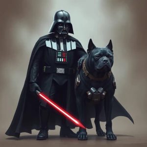 Darth Vader accompanied by his large, black CaneCorso dog  with...