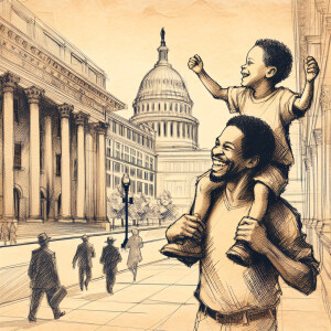 African American father carrying his four-year-old son on his sh...