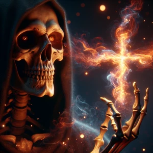 A close-up, cinematic painting of the Grim Reaper skeleton, capt...