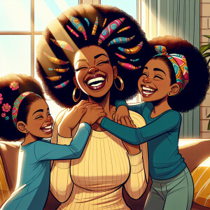 Dark skinned beautiful mother and 2 young daughters share laught...