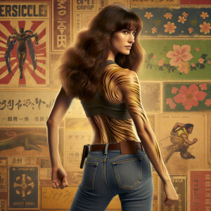 Athletic Thin skinny Attractive, Asian teenage girl, long brown hair and bangs, wearing tight skinny jeans and a halter top paint marks on her clothing, heroic pose Asian graffiti background, backside view