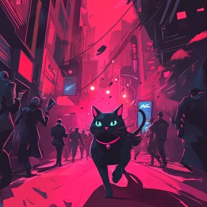 A fashion-forward black cat racing through a red-carpet event, d...