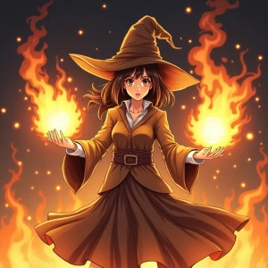 A wizard woman firing fireball in fire background, anime style,